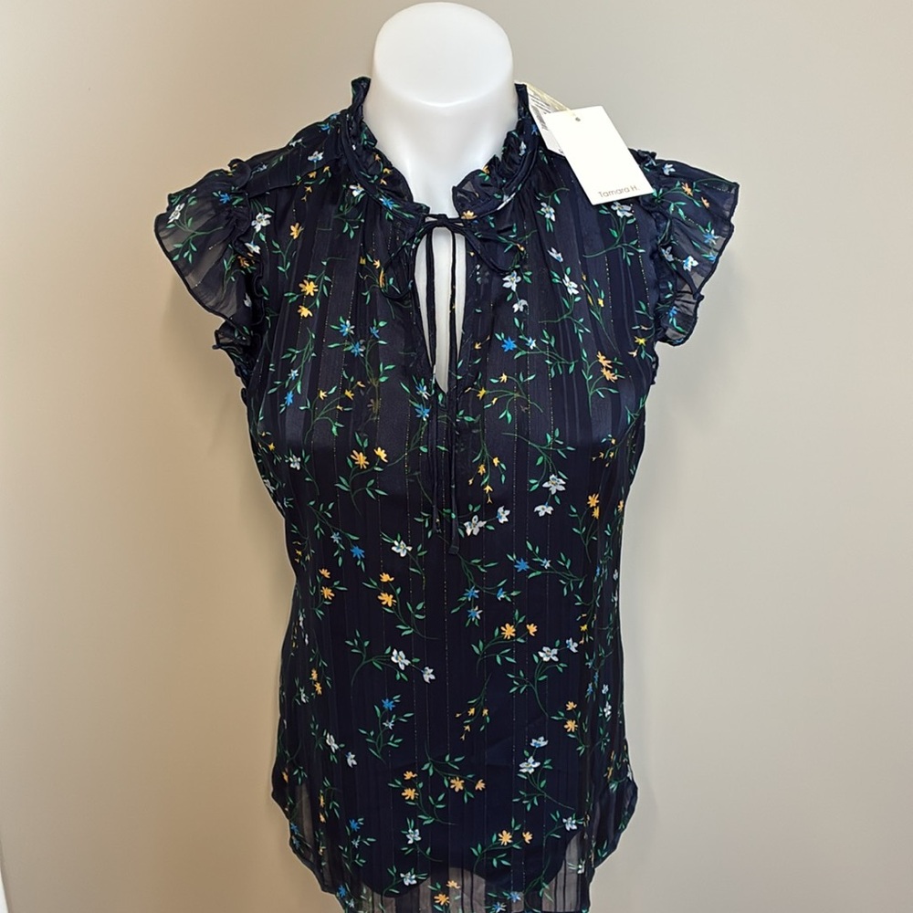 NWT Tamara H. Beautiful Sheer Dark Floral Top w Gold Thread Detail; Size XS